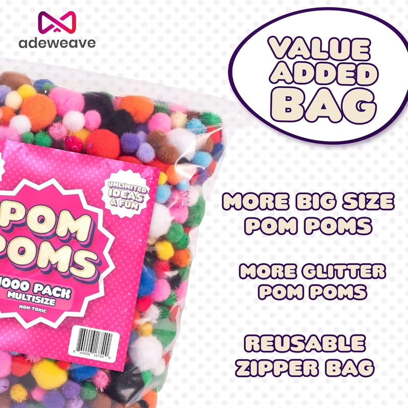 adeweave 1000 Assorted Pom poms – Soft and Fluffy Craft Pom Pom Balls – Multicolor Craft Supplies Pompoms for Arts and Crafts in a Reusable Box, Large Puff Ball Ideal for DIY and School Activities - Image 4